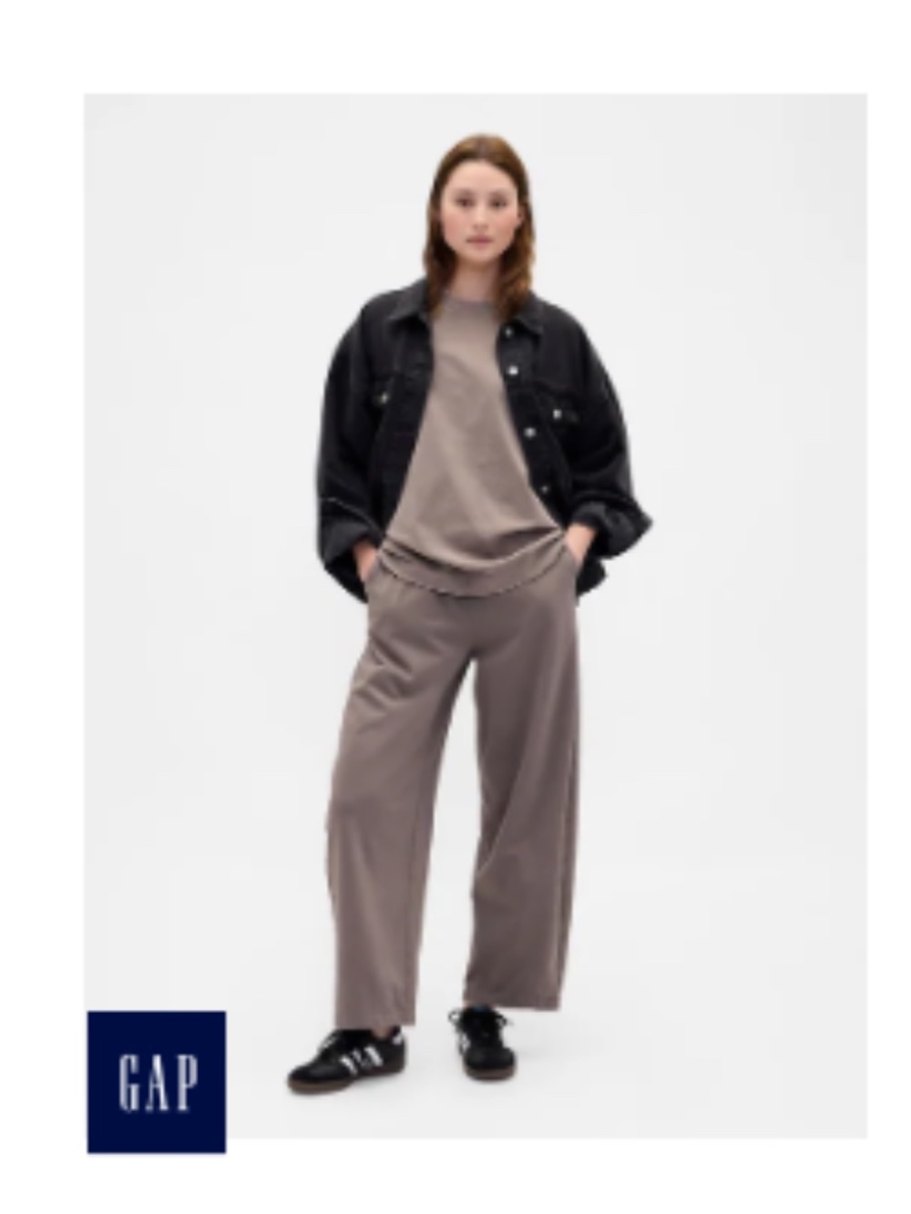 GAP Wide Leg Pants in Taupe with Black Jacket